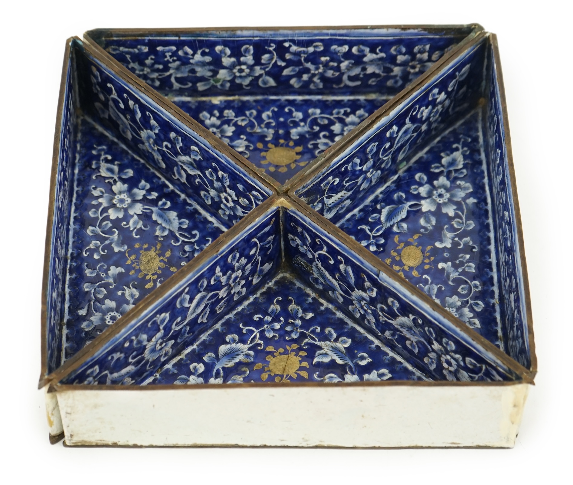 Four triangular 19th century Chinese Canton enamel sectional dishes, later boxed, 24cm wide overall. Condition - some restoration